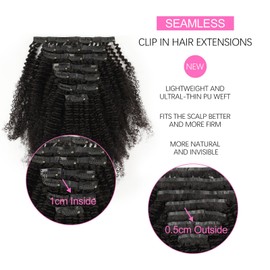 Yuniffe Seamless Clip in Hair Extensions Human Hair Afro Curly Clip in Hair Extensions Real Human Hair 120g 7Pcs Natural Black Afro Kinky Curly Clip ins Human Hair for Black Women PU Weft 16 Inch