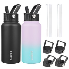 BJPKPK 2 Pack Insulated Water Bottles with Straw Lids, 27oz Stainless Steel Metal Water Bottle with 6 Lids, Leak Proof BPA Free Thermos, Cups, Flasks for Travel, Sports (Oasis+Black)