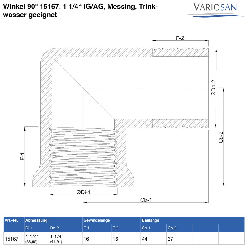 VARIOSAN Angle 90° 15167, 1 1/4 Inch Female Thread/Male Thread,