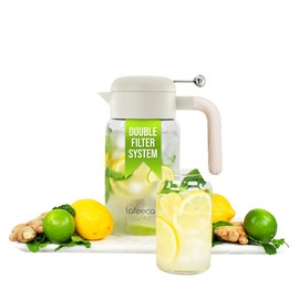 LAFEECA Iced Tea Maker and Infuser - Large Jug with Airtight Lid for Cold Brew - Stainless Dual Ultra Filter - Tritan Pitcher - 2000 ml / 68 oz - Dune