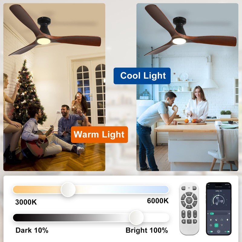 Depuley 52-Inch Ceiling Fans with Lights: Walnut 3 Blade Flush