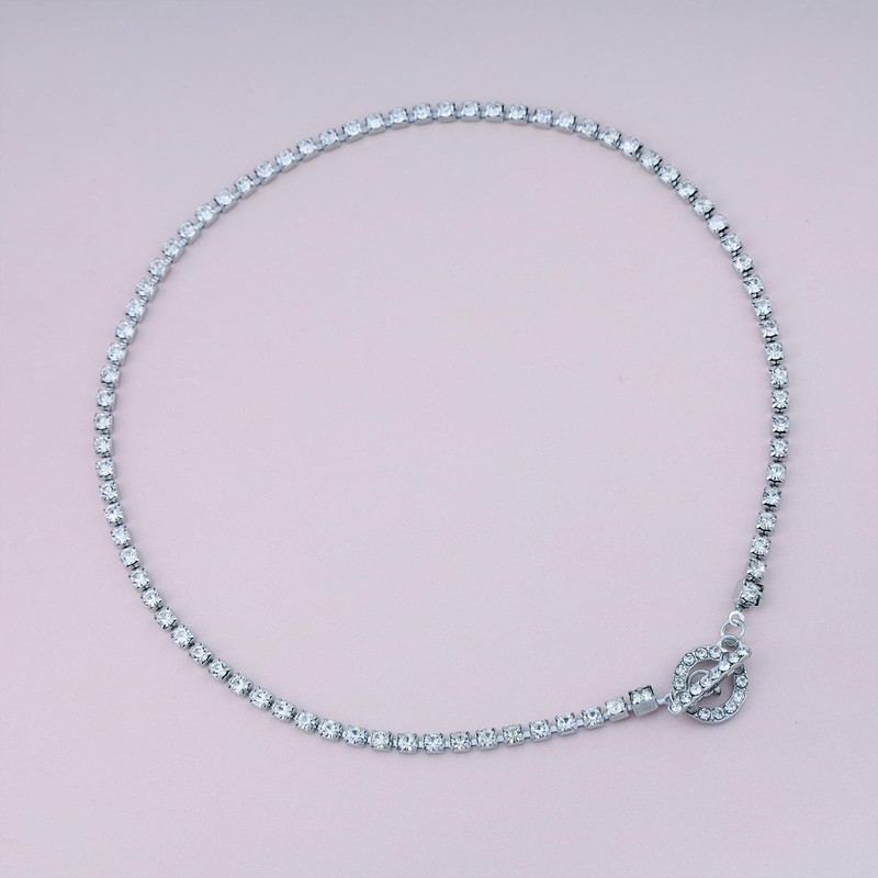 Sttiafay Rhinestone Tennis Choker Necklace Silver Crystal Toggle Clasp Necklace