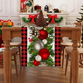 Jiudungs Linen Red and Black Buffalo Check Plaid Christmas Table Runner 108 Inches Long Farmhouse Winter Christmas Xmas Holiday Home Kitchen Table Decorations