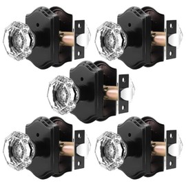 Orger Octagonal Crystal Door Knobs 5 Pack, Interior Privacy Door Handle for Bed/Bathroom with Pin Lock Inside, Black Vintage Rosette Door Knob with Heavy Duty Genuine Glass