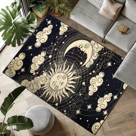 Sun and Moon Rug, Light Weight Thin 4x6 Area Rug Machine Washable, Vintage Abstract Celestial Astrology Area Rugs for Bedroom Living Room Entryway, Aesthetic Black Mystical Dorm College Rug Room Decor