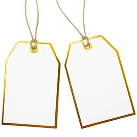 ASYEHJNR 100Pcs Gold Gift Tags with String Attached, Foil Gold Frame Large Gift Tags Presents with 65 FT Jute Twine, White Paper Gift Tags for Christmas, Baby Shower, Wedding, Birthday Gift Wrap Tags