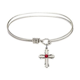 6 1/4 inch Oval Eye Hook Bangle Bracelet w/Cross medal charm w/July Red Crystal