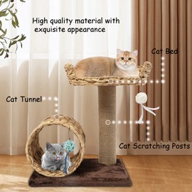 KOLHGNSE Modern Cat Tree for Indoor Cats, Cat Tree with Natural Sisal Scratching Post, Hand Made Wicker Cat Condo & Top Perch, Hanging Toy Ball, Cute Cat Tree Tower for Small Cats