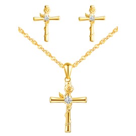 Yumilok Women's Necklace Chain Earrings Stud Earrings Jewellery Sets 925 Sterling Silver with Cross Rose Pendant for Women Girls, Sterling Silver Sterling Silver Zirconia, Cubic Zirconia