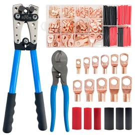 Socpuro Cable Lug Crimping Tool with 110pcs Copper Wire Lugs and 130pcs Heat Shrinkable Tube, Wire Crimping Tool for AWG 10-1/0 Battery Terminal, with Cable Cutter
