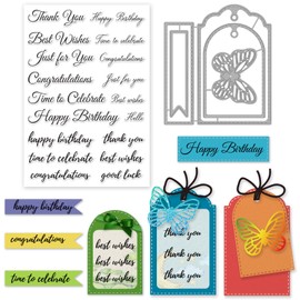 INFUNLY Blessing Word Clear Stamps for Card Making Label Tag Cutting Die Butterfly Die Cut Happy Birthday Word Clear Stamps for DIY Craft Scrapbooking Easter Greeting Card Decor