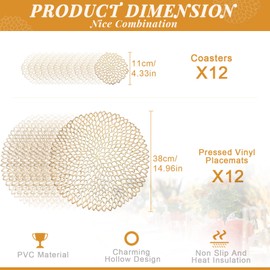 Round Pressed Vinyl Placemats Metallic Placemats Coasters Set Including Placemats and Coasters Hollow Round Table Mats for Wedding Dinner Party Table Supplies (Gold, 24 Pcs)