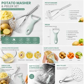 Potato Masher and Vegetable Peeler Set – Stainless Steel Kitchen Tools for Mashing Potatoes, Carrots, Fruits & Veg – Ergonomic Non-Slip Handle, Durable Mint Green Peeler Included for Easy Food Prep
