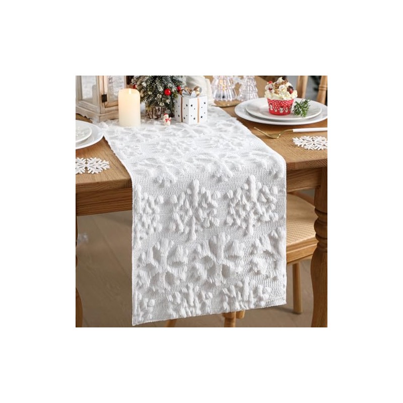 Roshtia Winter Snowflake Table Runner Soft Plush Faux Fur Jacquard
