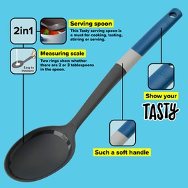 Tasty Serving Spoon with Measurements, Non-Stick Cooking Spoon, Spoon Ladle with Soft Grip Handle, Stirring Spoon, Non-Scratch Kitchen Utensil, Dimensions: 34 x 7 cm, Colours: Dark Blue, Grey 678002