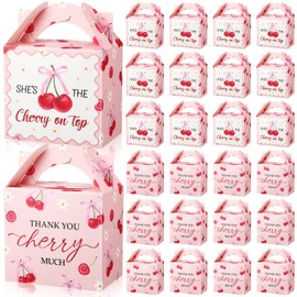Marspark 24 Pcs Cherry Treat Boxes Pink Favor Bags with Handles She Is Cherry on the Top Candy Boxes Thank You Party Bags Gifts for Birthday Bridal Shower Baby Shower Wedding Supplies