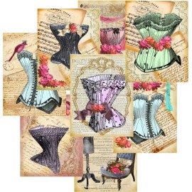 8 STATIONERY VINTAGE INSPIRED CORSETS BLANK GLOSSY IVORY ENVELOPES ORGANZA BAG