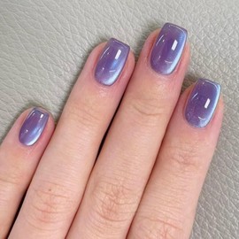 Pack of 24 Stick-On Nails Square Short French Press On Nails Dark Purple Cat's Eye Acrylic Nails, Plain Shiny False Nails, Square Soft Gel Fingernails for Sticking on for Women Nail Art