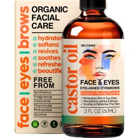 Organic Castor Oil For Face Moisturizer, Eyes, Eyelashes, Eyebrows, Wrinkles with Jojoba, Rosehip, Grapeseed, Squalane, Palmarosa, Bergamot and Vitamin E for Sensitive Skin, Men & Women 2oz