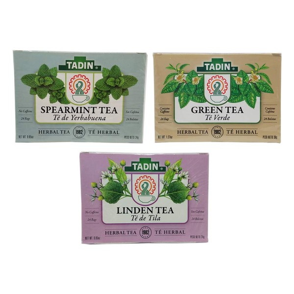 Tadin Variety Tea Pack. Linden Tea. 24 Bags, Spearmint Tea. 24 Bags and Green Tea. 24 Bags. 100% Natural and Organic.
