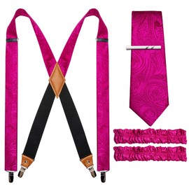Barry.Wang Hot Pink Suspenders for Men Paisley X Type Necktie Armbands Tie Clip Set Formal Gatsby Costume Wedding Party Prom