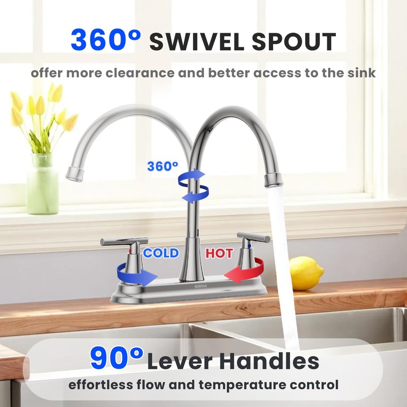 HURRAN 2 Handle Kitchen Sink Faucet, 8 Inch High Arc