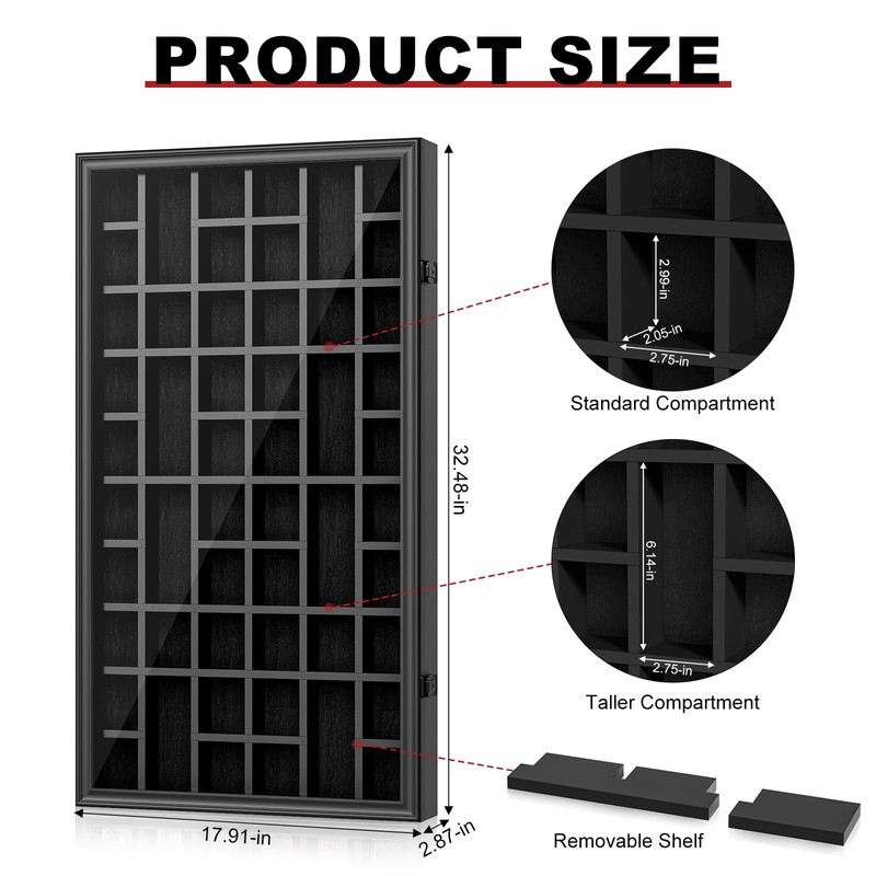 Shot Glass Display Case, 52 Slots Lockable Wall Mounted Shadow