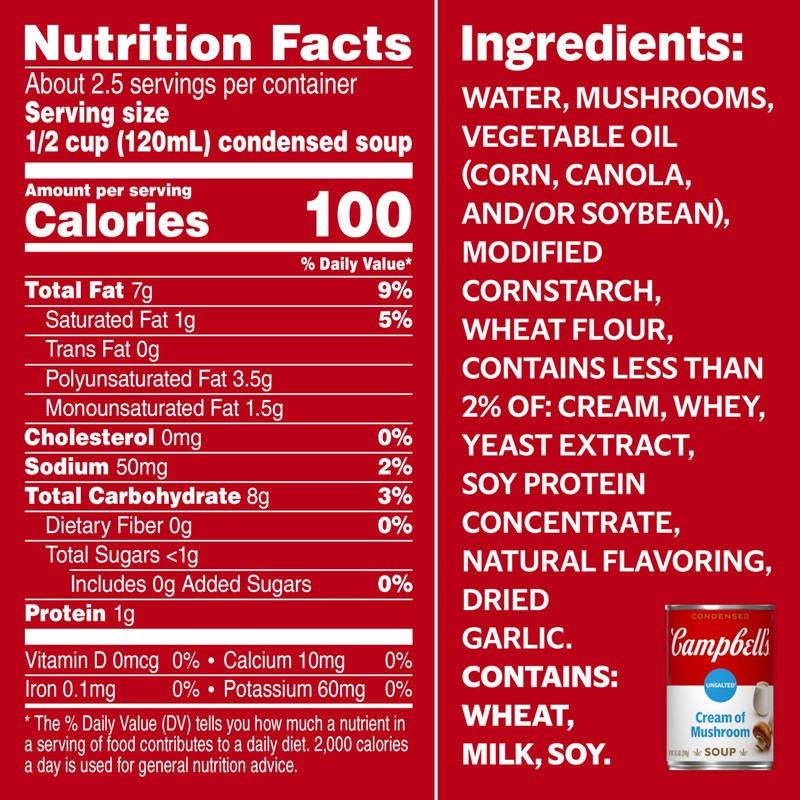 Campbell’s Condensed Unsalted Cream of Mushroom Soup, 10.5 Ounce Can