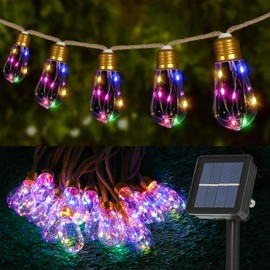 Cadena de luces solares para exteriores de 24 pies, cuerda clásico de cáñamo con 20 bombillas inastillables, 8 modos de cadena de luces solares con función de memoria, impermeable para jardín,
