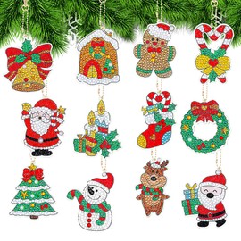 AUAUY 12 Pieces Christmas Diamond Painting Keychains, 5D DIY Diamond Art Painting Keychain Christmas Hanging Diamond Art Kits Diamond Art Christmas Ornaments for Kids Crafts Decor Key Ring DIY