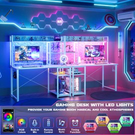 Cyclysio Gaming Desk with Hutch, 39'' Computer Desk with LED Lights & Power Outlets, Home Office Desk with Reversible 5 Tiers Storage Shelves & Monitor Stand, Small Gaming Table for Small Space, White