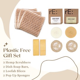 rE: Plastic Free Kitchen Gift Set for dishwashing | Dish Soap Bars (2 pcs), Hemp Scrubbers (3 pcs), Loofah Slices (2 pcs), Pop Up Sponges (2 pcs) (Original & Citrus)