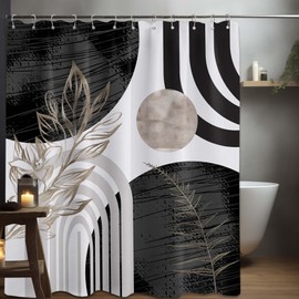 QGHOT Boho Mid Century Modern Shower Curtain Black and White Shower Curtains for Mens Bathroom Decor Cool Grey Abstract MCM Masculine Bath Curtain Set, Waterproof Fabric with Hooks 60x72 inch