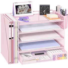 OPNICE Desk Organizers and Accessories with File Holder, 5-Tier Office Desk Accessories & Workspace Desktop Organizer with Drawer and 2 Pen Holder, File Paper Organizer for Office Supplies(Pink)