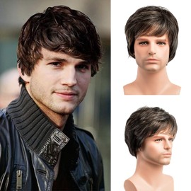 MEIRIYFA Mens Short Wig Brown,Handsome Male Layered Cosplay Costume Party Replacement Wig (Brown Mixed Gray)