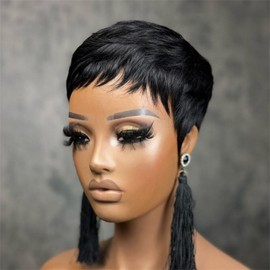 YJOQOKOA Short Pixie Cut Wig for black women Natural Black Straight Human Hair Bob Wig Short Layered Pixie Wigs Full Machine Made No lace front Glueless Wig 1B