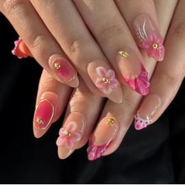 Luxury Press on Nails Medium Almond Handmade 3D Unique Reusable ABS Material Fake Nails Pink French Tip False Nails with Designs Pink Floral Polka Dots Glossy Glue on Nail Thick Acrylic Nail(S)