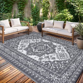 GAOMON Outdoor Plastic Straw Rug 9x18 Waterproof Reversible Patio Rugs, Large UV-Resistant Portable RV Camping Mats, Indoor Outdoor Medallion Carpet for Outside Deck Porch Garden, Gray & White