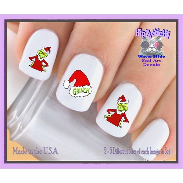 Holiday Christmas - Christmas 802X Grinch #2 Santa Suit Grinch Hat Nail Decals - WaterSlide Nail Art Decals - Highest Quality! Made in USA