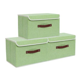 3PCS Collapsible Storage Bins with Lids, Linen Fabric Storage Box with PU Leather Handles Decorative Storage Boxes Foldable Closet Organizer for Clothes Storage, Office Storage, Small, Green