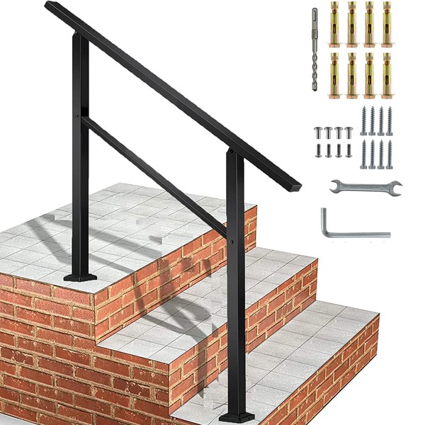 Handrails for Outdoor Steps 3Ft Stair Handrail, Outdoor Stair Railing Fits 1 to 3 Steps, Wrought Iron Handrail for Concrete Steps, Porch Steps（3 Steps）