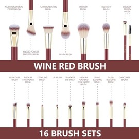 Beauty - Juego de brochas de maquillaje de viaje, 16 brochas de maquillaje profesionales veganas con mango de madera mate rojo dorado y 2 esponjas de 