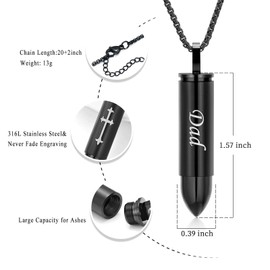 Oinsi Double-Side Engraving Cross &Mom/Dad/Son Keepsake Jewelry -Black Bullet Cremation Urn Necklace For Ashes (Dad)