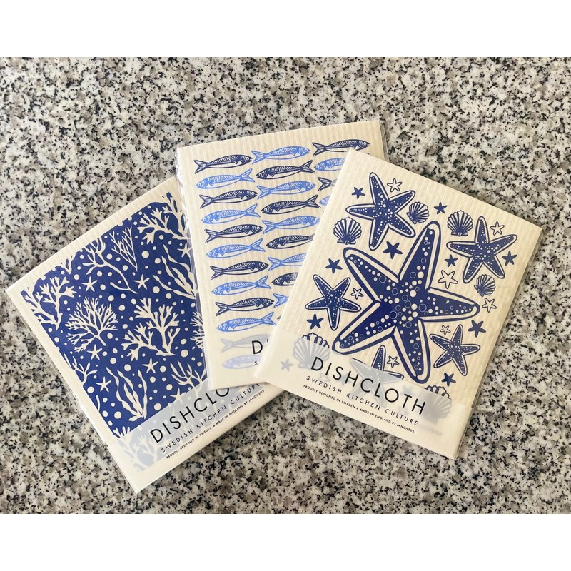 SeaKisses - Pack of 3 Swedish Dishcloths - Starfish, Coral,