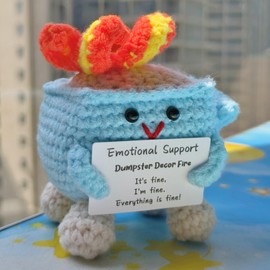 Levvohd Emotional Support Dumpster Decor Fire, Funny Handmade Crochet Dumpster Knitting Doll, Cute Desk Accessories for Women Office (Blue)