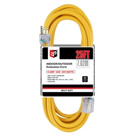 EP 25 ft Lighted Outdoor Extension Cord - 12/3 SJTW Heavy Duty Yellow Extension Cable with 3 Prong Grounded Plug - 15AMP Power Cord for Lawn, Garden, Appliances