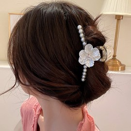Jumwrit Large Hair Claw Clip Strong Hold Pearl Hair Clip Long Hair Jaw Clip Styling Crystal Hair Claw for Women Girls White Shell Flower Hair Clip Fashion Hair Accessories