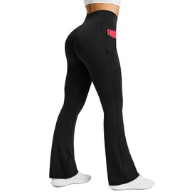 PRETISKY Womens Flared Yoga Pants with Pockets, High Waisted Flare Leggings Bell Bottom Bootcut Yoga Dress Pants Black
