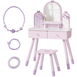 ROBOTIME Purple Kids Vanity Set, Makeup Vanity Desk with Mirror, Chair and Storage Drawers, Little Girl Dressing Table with Stool for Toddlers Ages 3+