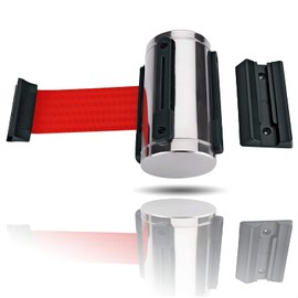 Kerafactum Barrier Distance Safety Pull Strap Band for Passenger Control System | 2 m Demarcation Lock Barrier Belt Red Strap | Extendable for Wall Mounting Security Wall Mount Stainless Steel